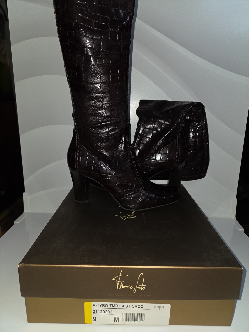 Franco Sarto Croc-Embossed Knee-High Heeled Boots – Brown – Size 9M